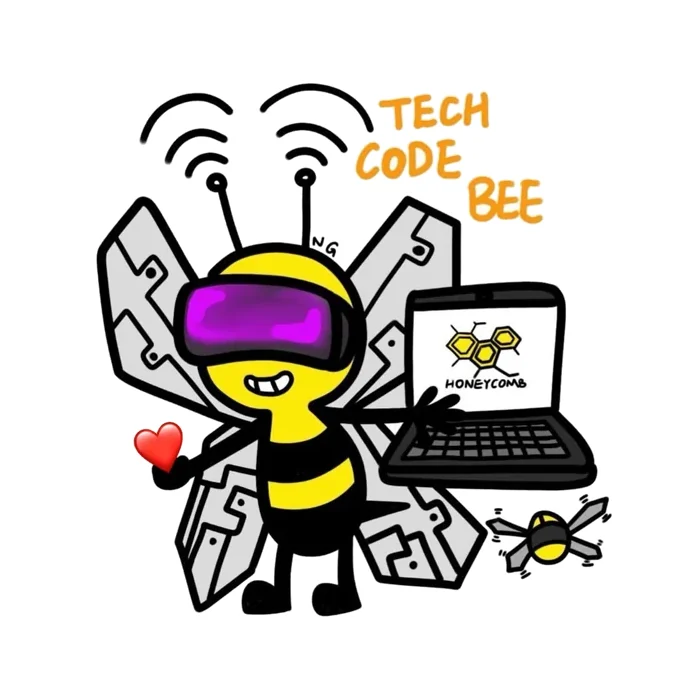 TechCodeBee mascot: a bee in VR goggles holding a laptop